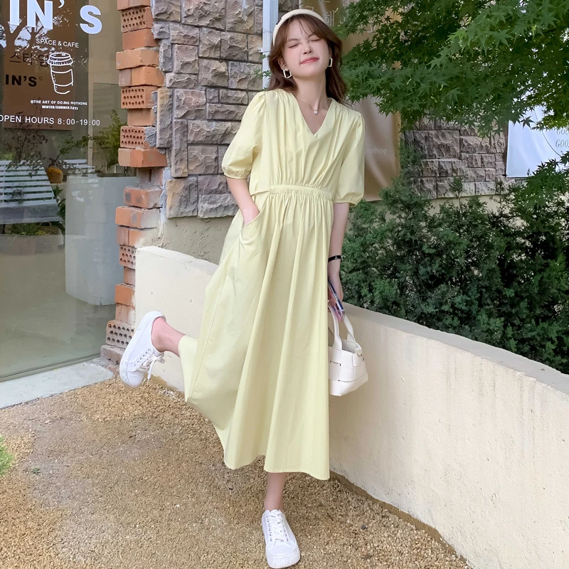 Summer Maternity Clothes Drawstring Waist V-Neck High Waist Short Sleeve Pregnant Woman Cotton Dress with Pockets Loose Dresses