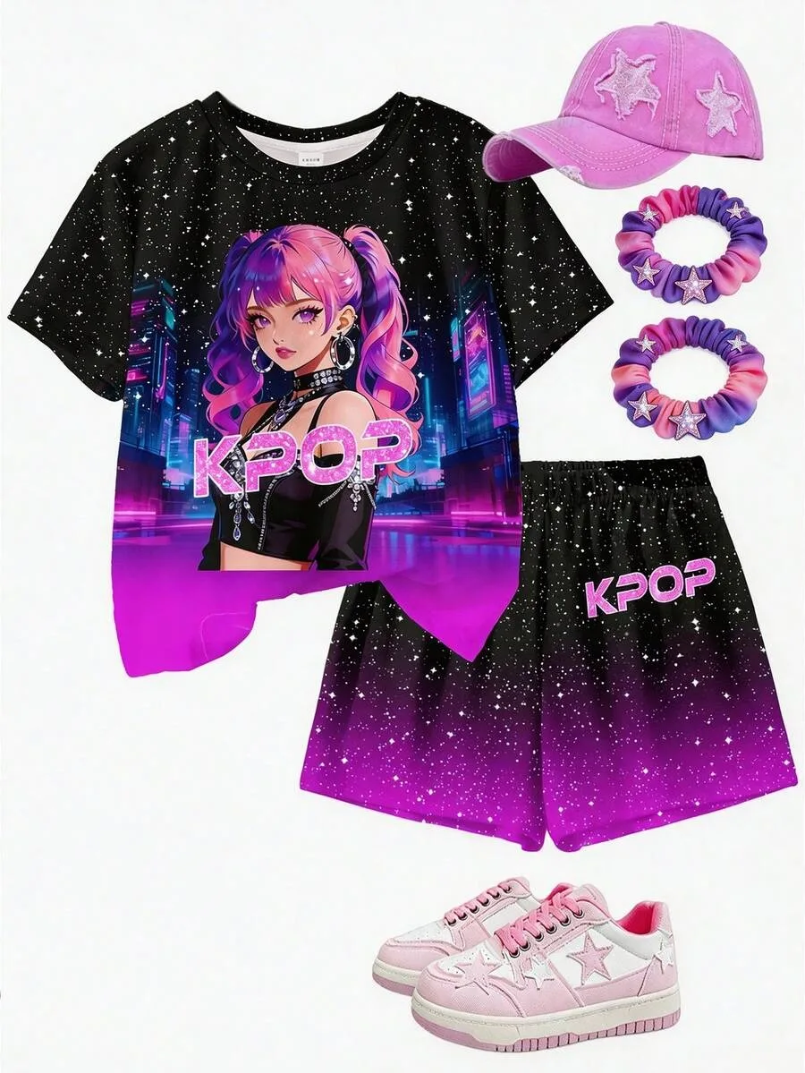 Mädchen-Set im K-Pop/Anime-Stil mit schwarz-violetter Sternenverlauf-Farbverlaufung: T-Shirt mit Allover-Print „Starry Girl“ + Mid-L-Shorts mit Farbverlauf – Detail 5