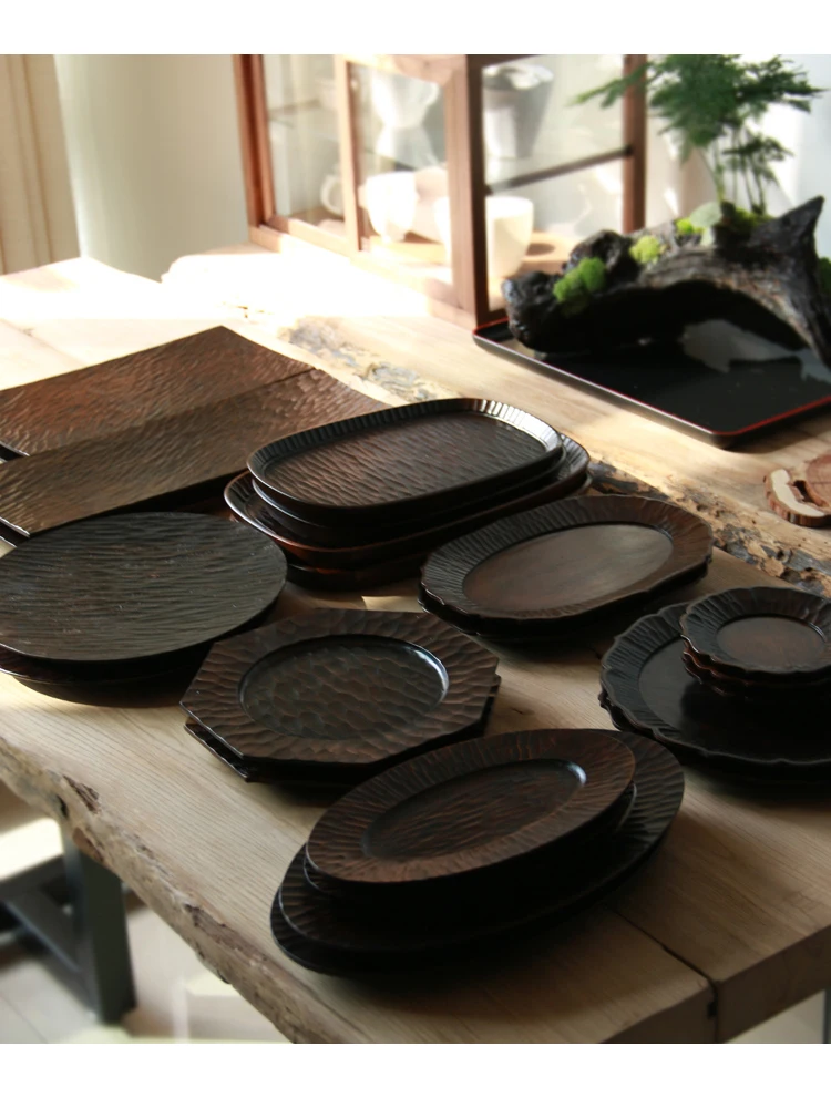 

Ruyu Handmade Japanese Style Large Lacquer Wood Tray Tea Tray Vintage Single Layer Indoor Use Handmade Wood Plate Dish