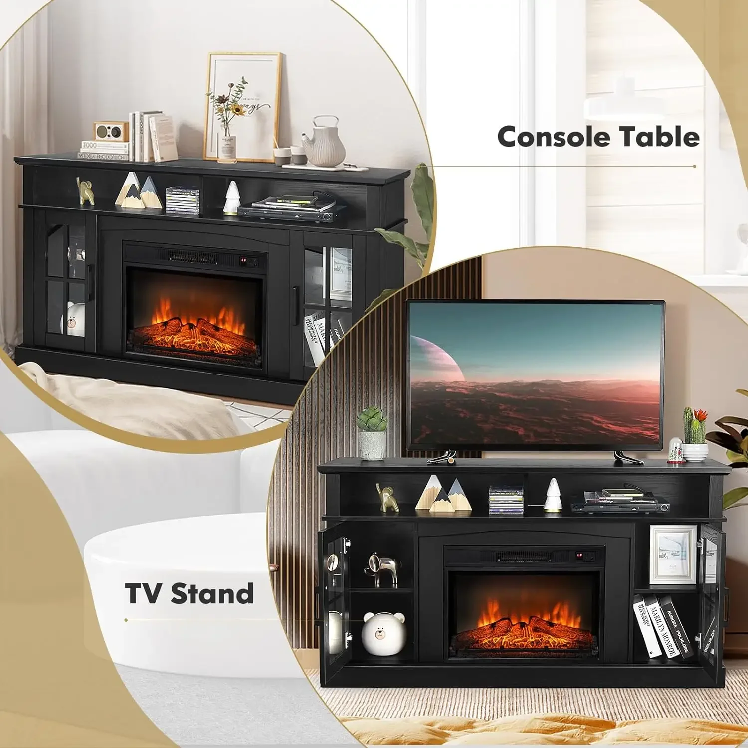 Lareira elétrica TV Stand para TVs, Aquecedor Inserção com Controle Remoto, Temporizador 6H, 3-Level Flame, Até 65 ", 1400W