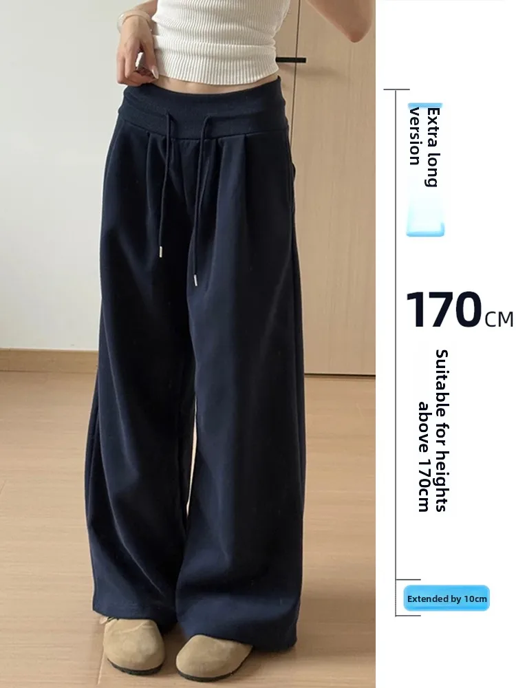 

High Waist Dstring Sport Pants Women's Long Folded k Blue American Sle Loose Wide Leg Sweatpants Casual Straight Leg ...