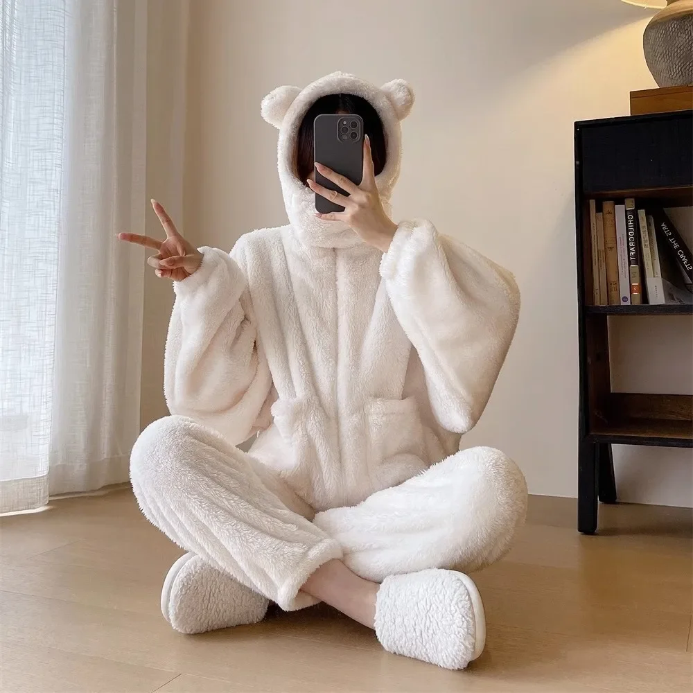 Thickened Warm Fleece Women\'s Pajamas 2 Piece Set Cartoon Cute Furry Black Pajamas Outside Home Suit Suit Female Autumn Winter