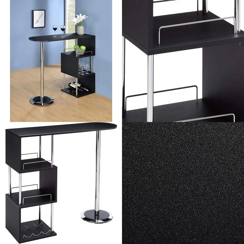 モダンなワインバーテーブル（棚付き）- スタイリッシュな黒仕上げ