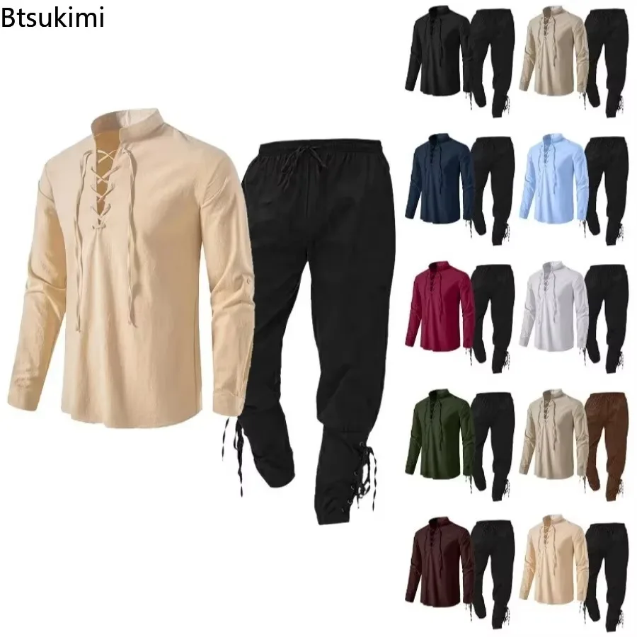 Men's Medieval Knight Costume Set Renaissance Cosplay Pirate Shirts Ankle Banded Pant for Halloween Cotton Linen Fabric Clothing
