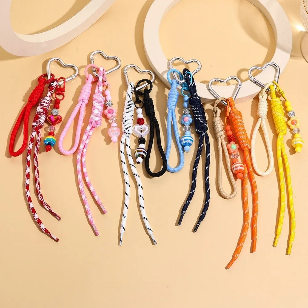 Colored Hand Woven Keychain Heart Buckle Bowknot Mobile Phone Lanyard Braided Rope Leather Bag Charms Ornaments Bag Decoration
