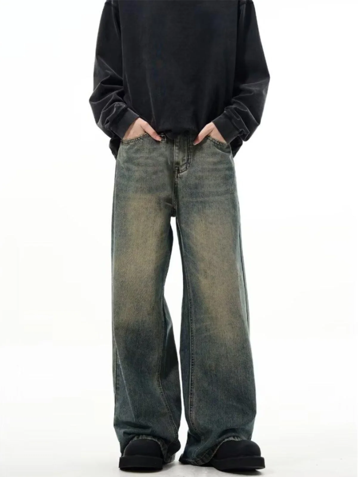 

Ретро American Cleanfit Faded Denim Jeans Свободные широкие повседневные брюки для мужчин и женщин Длинные брюки с высокой талией Youth Faion