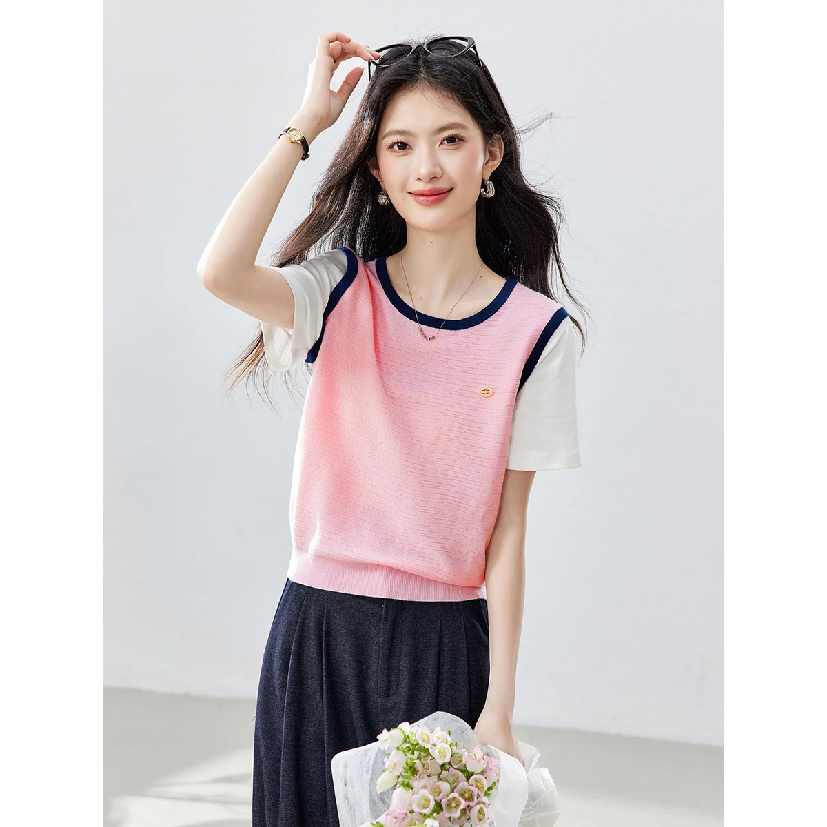 VIMLY Preppy Pink White Color Block Fake Two-piece Knit T-shirt Women Summer 2026 New Versatile Short Sleeve Tops Female 30921