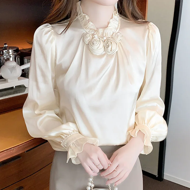 Long Sleeve Solid Women's Tops Sweet Style Unique Flower Pearl Ruffled Flare Sleeve 2025 Fashion Women Blouse Blusas Mujer D358