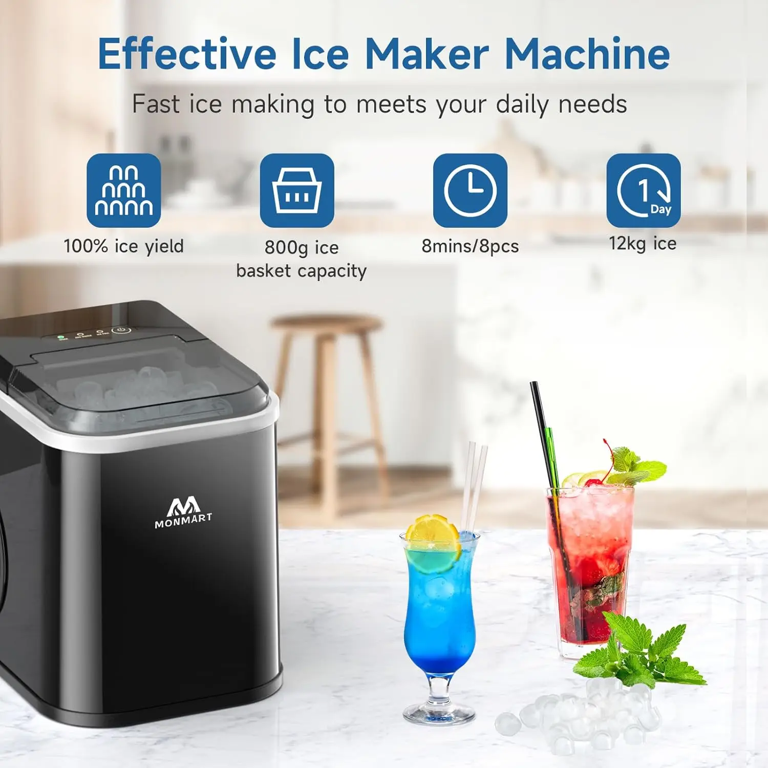 Ice Maker Countertop, LED Display Portable Ice Maker Machine with Handle, 26.5lbs/24Hrs, 8 Cubes in 6-9 Mins, Self-Cleaning Bar