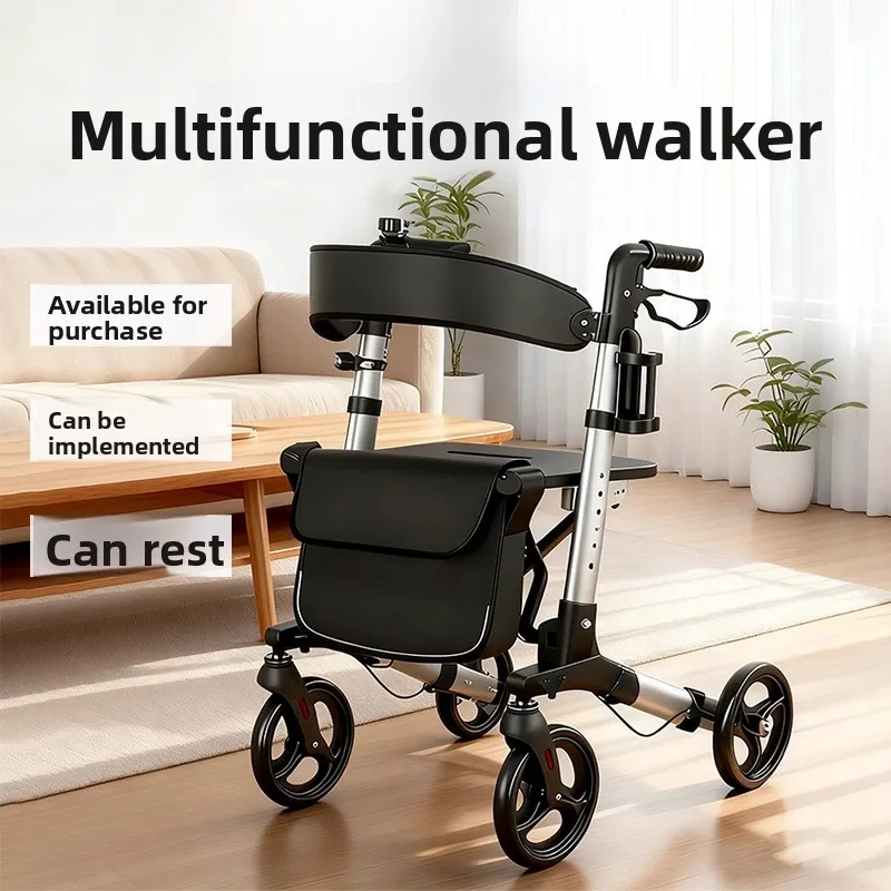 

Aluminum Alloy Four-wheel Walking Aid Rollator Walker with Seat Elderly People Shopping Cart Lightweight Elderly Folding Walkers