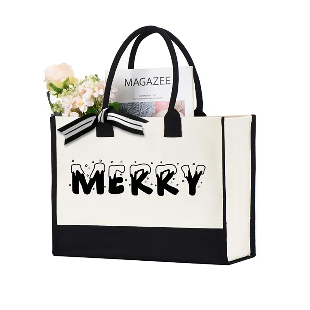 

Merry Christmas Canvas Tote Bag Winter Festival Black and White Splicing Shoulder Bag New Year Gifts for Friends or Family Santa