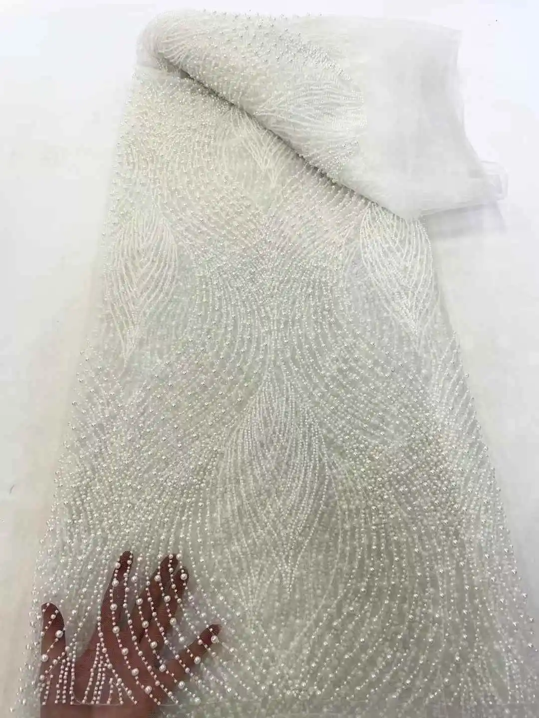 卸売アフリカビーズパールレース生地フレンチブライダルレース生地 2025 高級ナイジェリアチュールレース生地クチュール素材