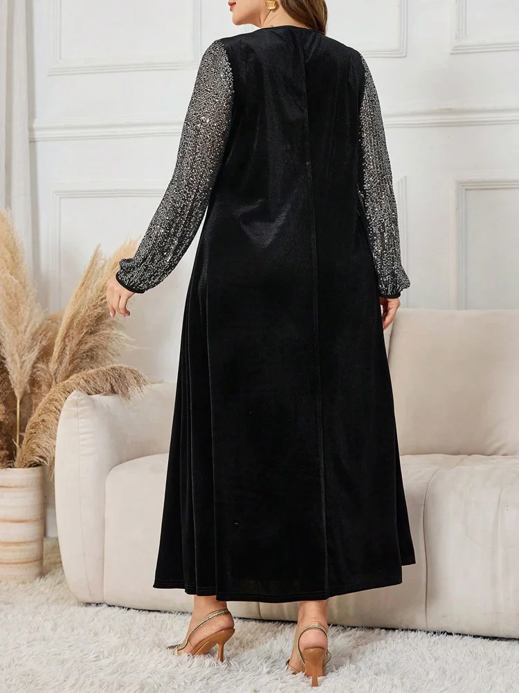 GIBSIE Plus Size Sequins Long Sleeve Women's Velvet Dress Autumn Winter Black V-Neck Party Elegant Loose Maxi A-Line Dresses