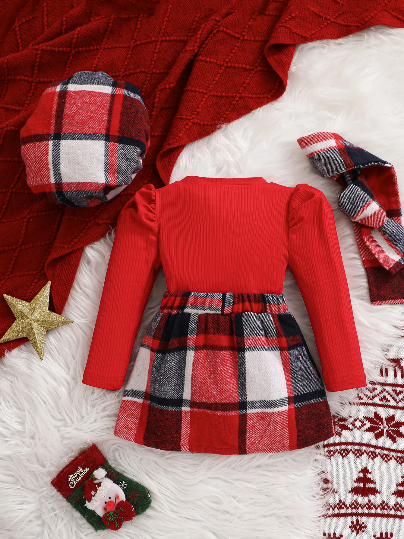 4PCS，Festive Toddler Girl Christmas Set: Red Long - Sleeve Top, Plaid Skirt, Scarf and Beret, Ideal for Holiday Gatherings