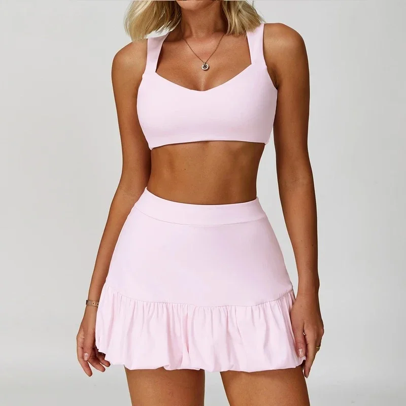 

2Pcs Women Yoga Skirt Sets Wide Straps Push Up Sports Bra + High Waist Tennis Shorts Skirts Suits Workout Running Gym Tracksuit