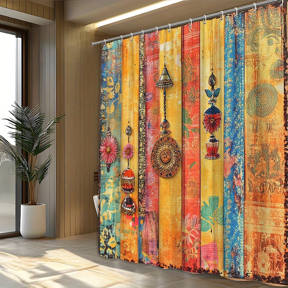 1pc Vintage Bohemian Shower Curtain - Indian-Inspired Ornament Design with Colorful Pendants on Rustic Wood, Polyester Fabric Ba