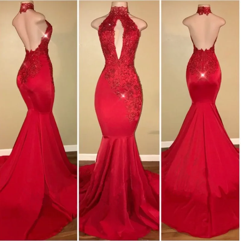 Maßgeschneiderte leidenschaftliche rote Neckholder-Pailletten-Perlen-Abendkleider, figurbetontes Satin-Meerjungfrauenkleid, glitzerndes Damenkleid