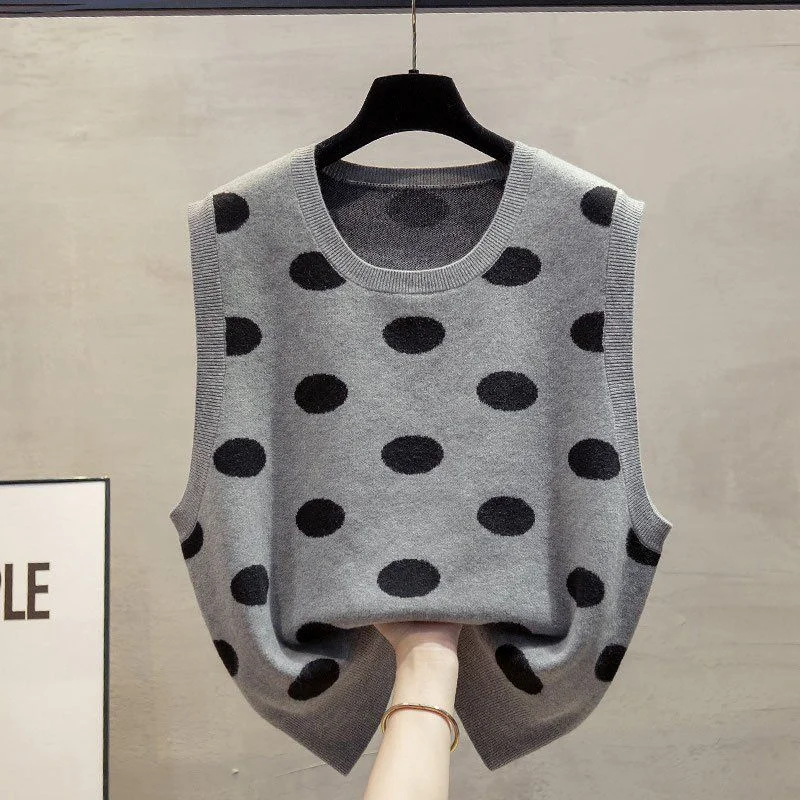 

Round Neck Knitted Vest Women's Autumn and Winter New Stitching Fashion Versatile Polka Dot Loose Sleeveless Sweater Top