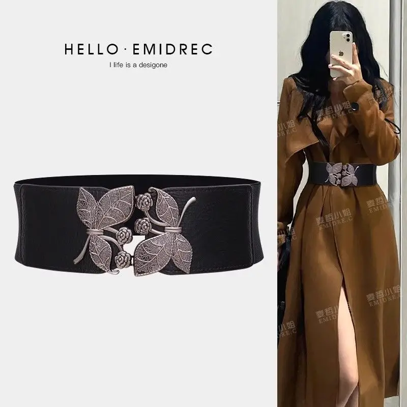 Wide Corset Belt for Women - Black Stretch Waist Cincher, Vintage Style Belt for Dresses & Coats