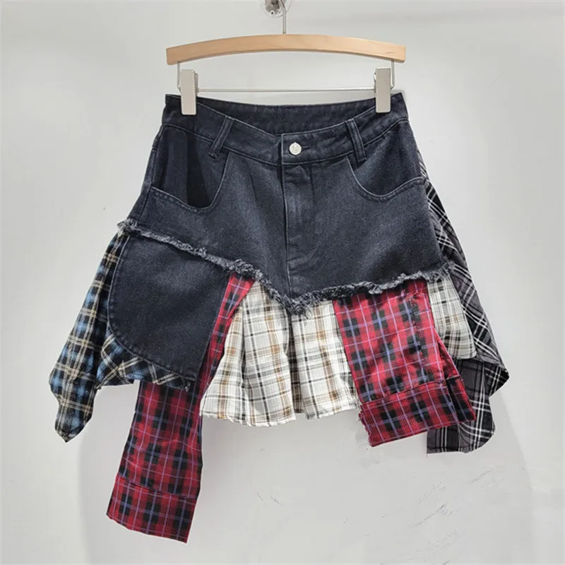 

SuperAen 2024 Summer Design Plaid Patch Denim Skirt Women's Irregular Girl Vintage Skirt