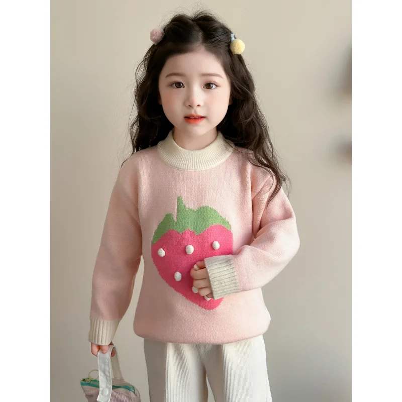 

Girls' Strawberry Sweater Autumn and Winter Clothing2025New Children's Clothing Baby Tops Winter Thickened Knitted Sweaters Bott