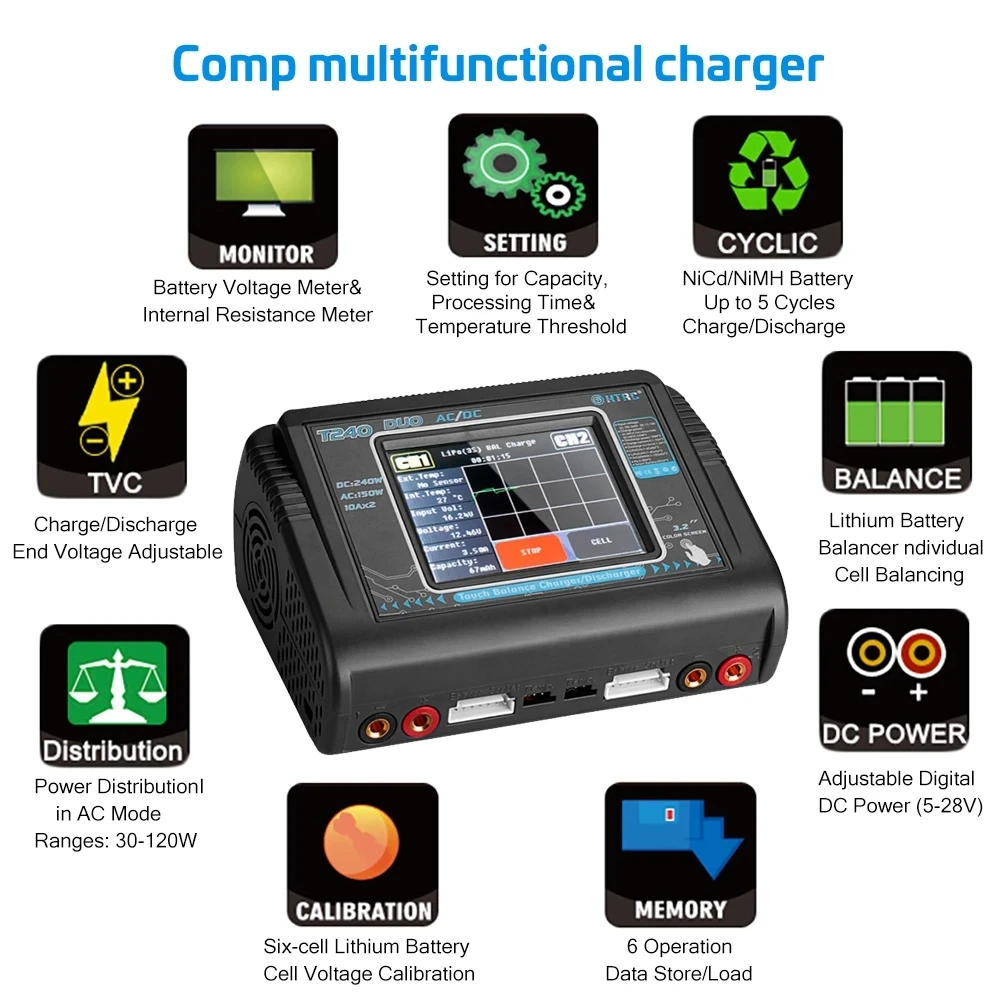 HTRC T240 Lipo Battery Charger Dual Channel High Power AC 150W DC 240W For Liion LiFe LiHV NiCd NiMH PB Smart Battery Discharger