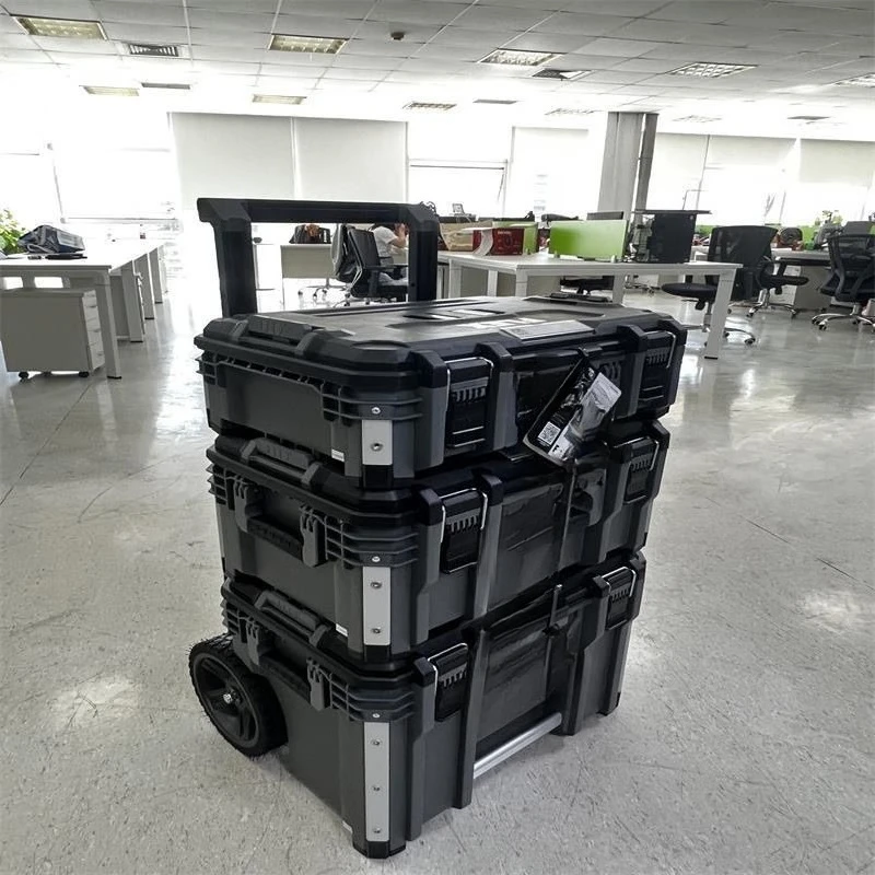 High-strength stacking toolbox trolley case three-in-one