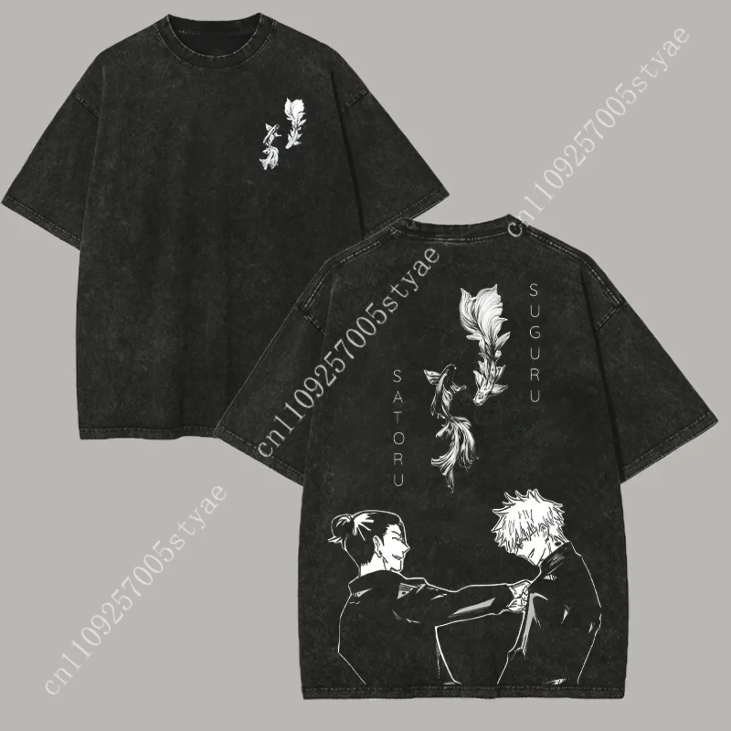 Japan Anime Graphic T-shirt Harajuku Vintage Washed T Shirt Men Women Clothing Oversized Cotton Short Sleeve Tees