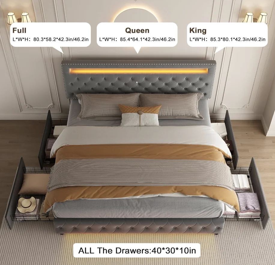 Bed Frame with 4 Storage Drawers, with Smart Control RGBW LED Lights Headboard Footboard, Control DIY Color, Box Sprin