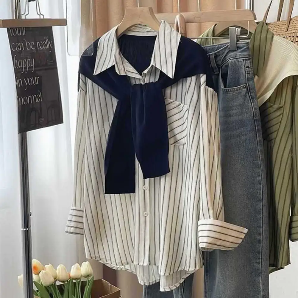 

Autumn Maillard Style Fake Two-piece Women Shirt Brown Kintted Shawl Back Vertical Stripe Shirt Blouse French Style Women Shirt