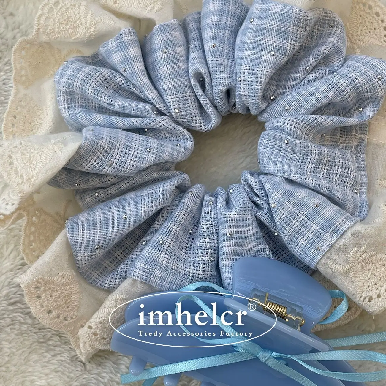 Cream Blue Color Hair Scrunchies Double Layer Lace Trim Hair Ties Drill Decor Women Ponytail Holder Sweet Hair Bands Headwear