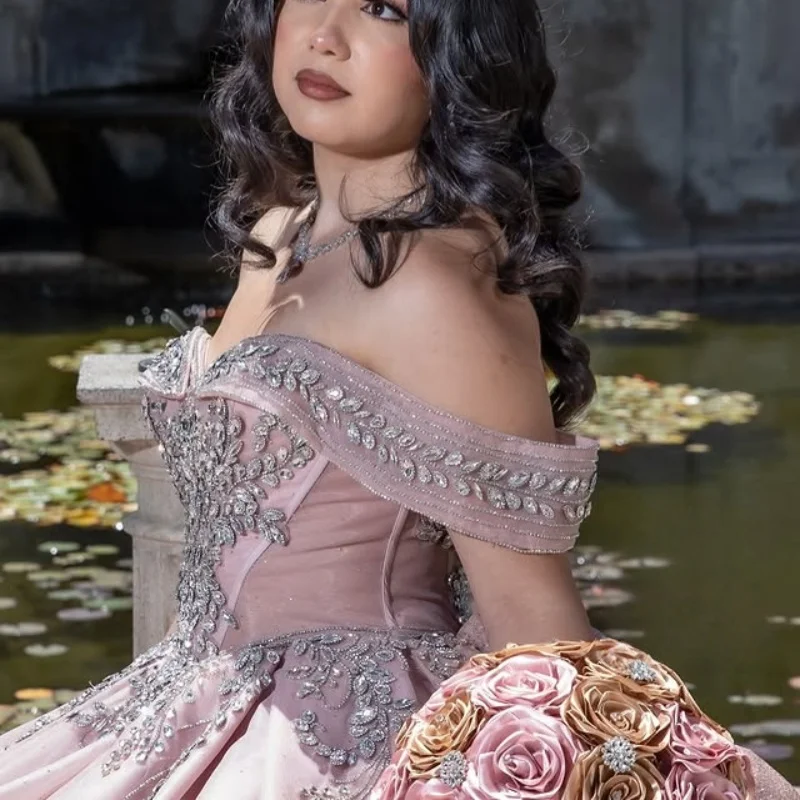 

Shiny Pink Quinceanera Dress Crystal Glitter flower Decal Lace Big Bow Long tail Vestidos De 15 Quinceanera ﻿Customize