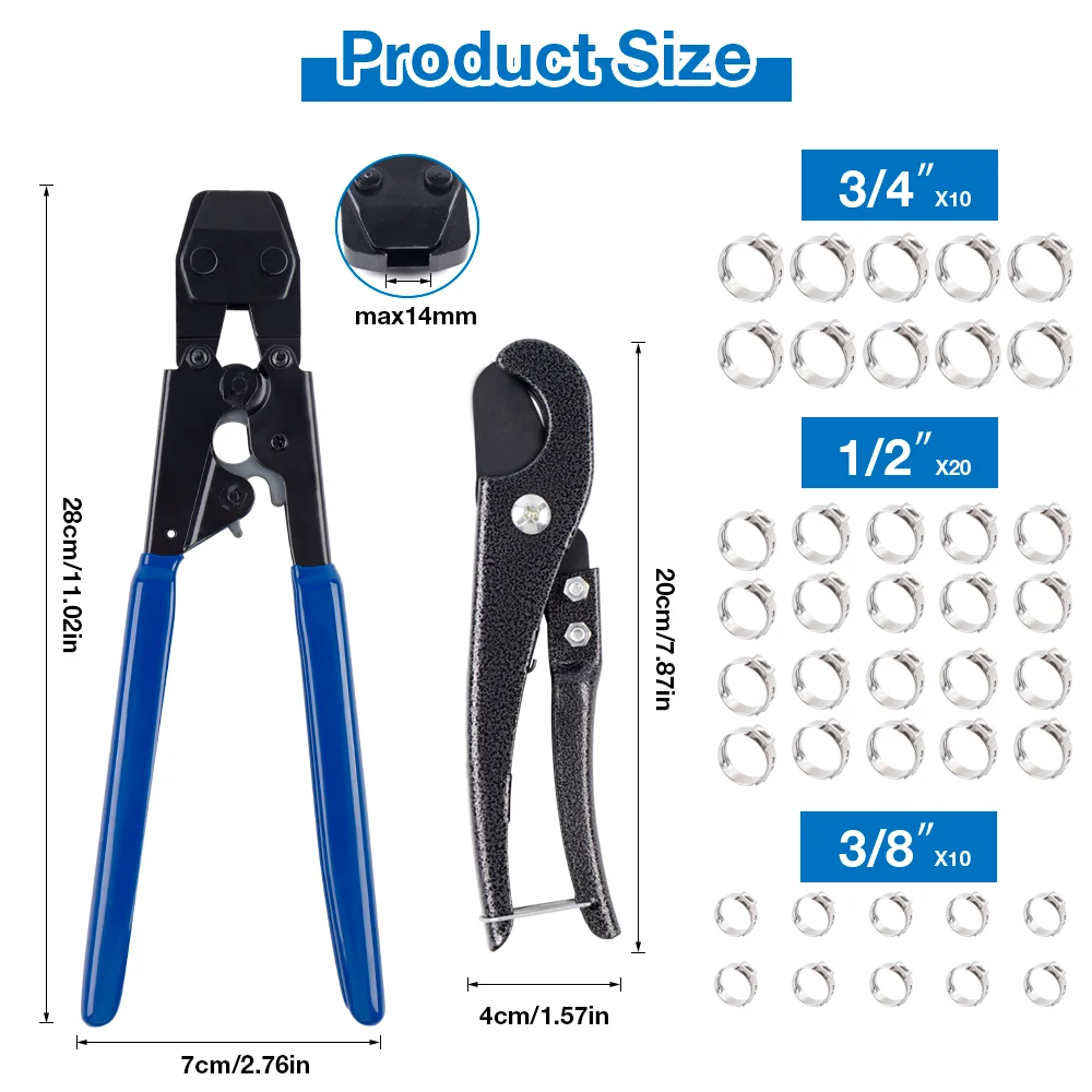 3-In-1 PEX Cinch Crimping Tool Crimper for 3/8、1/2 、3/4 Inch Stainless Steel Clamps, with Pipe Cutter & 40PCS PEX Pipe Clamps