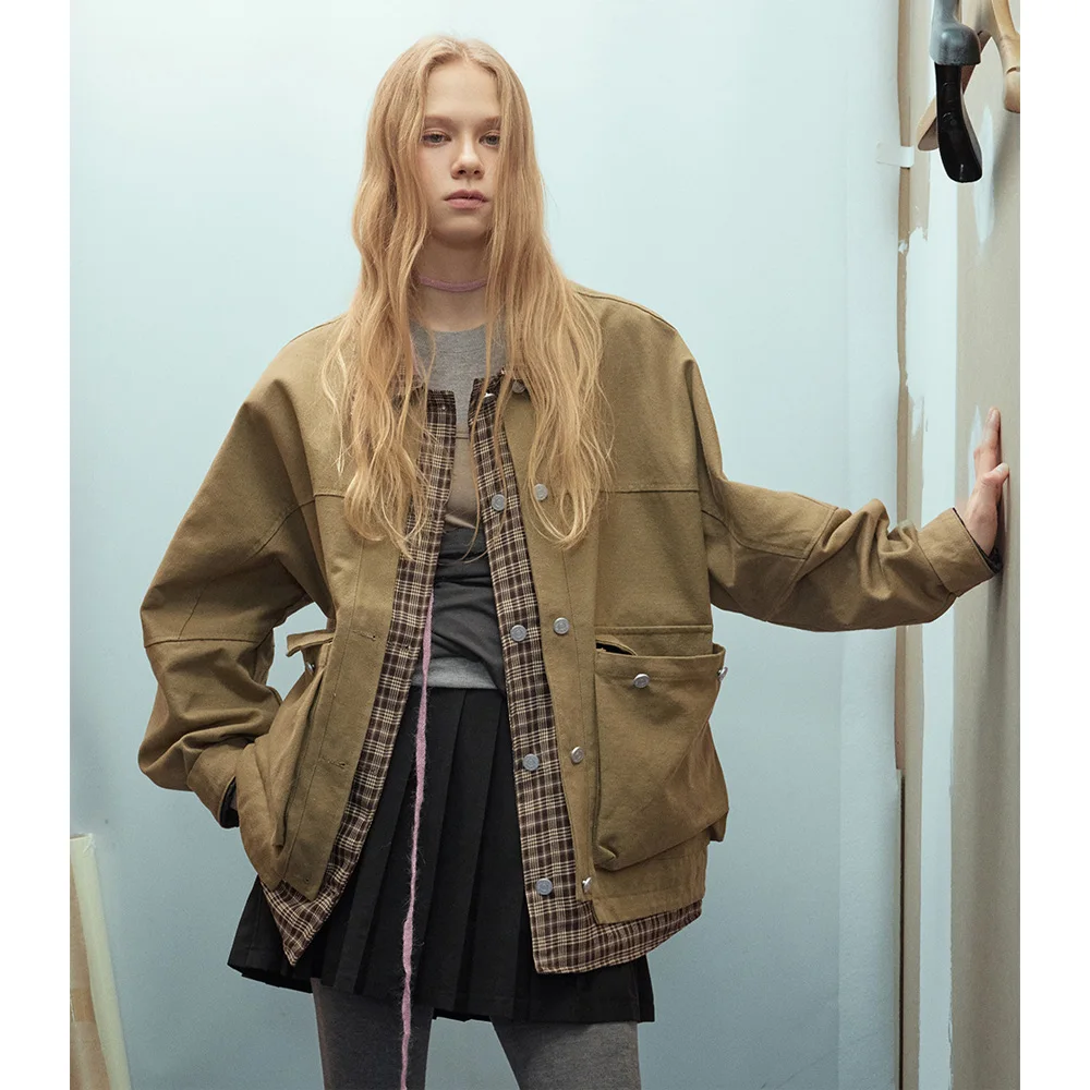 

Plaid Splice Coat for Men Women Fashion Loose Casual Streetwear Vintage Cargo Jacket Couple Spring Autumn Outerwear