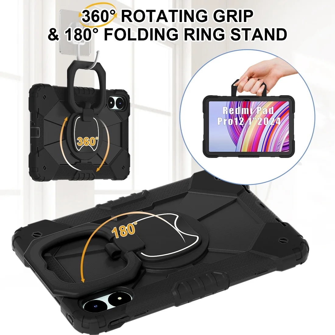 Heavy Duty Rugged Protective Case Rotating Kickstand & Handle Grip,Shoulder Strap For Redmi Pad Pro 12.1 2024/Xiaomi Poco Pad