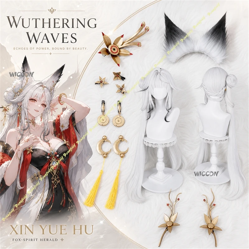 Wuthering Waves Cosplay Hsin Moon Fox Cosplay Wig Anime Game Headdress Props Furry Ears Game Peripheral Accessories Set Hallowen