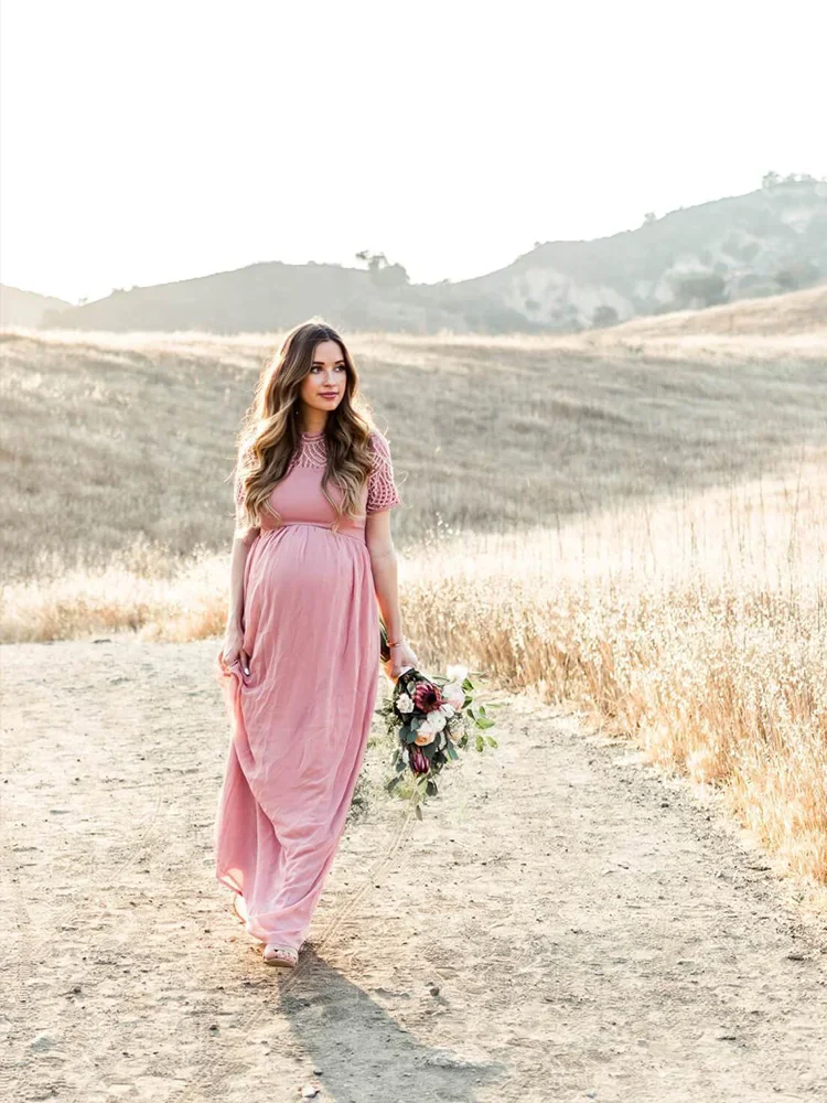 Maternity\'s Dress Pregnancy Photography Props Dusty Pink Long Chiffon Elegant Pregnant Women Clothes Lace Dresses