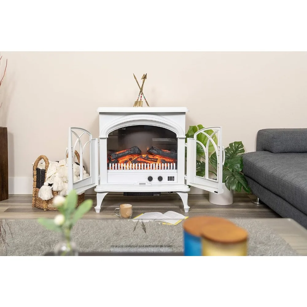 Portable Freestanding Electric Fireplace Stove - 3-D Log and Fire Effect (White)