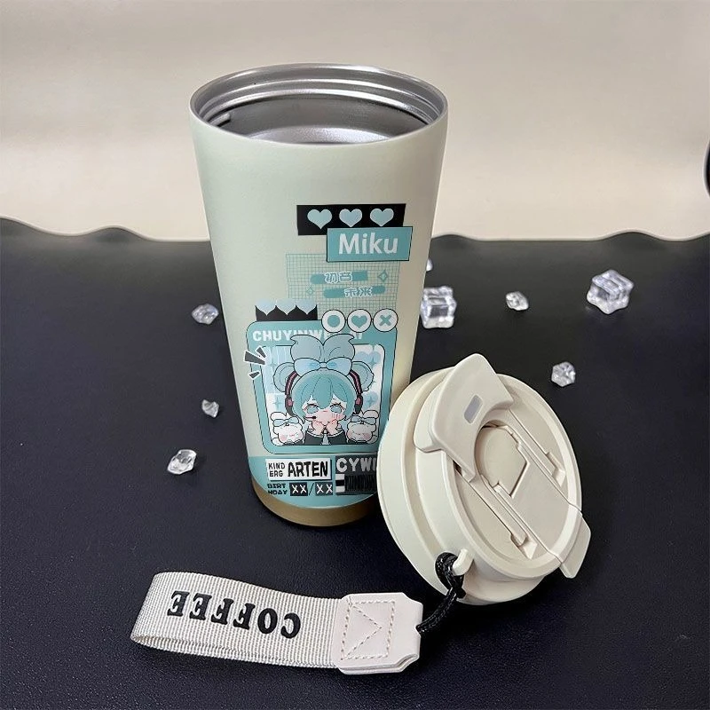 Hatsune Miku Anime Peripherie Kawaii Miku Edelstahl Thermometer Cartoon Stroh Hochpräzise süße tragbare Wasser Tasse Geschenk