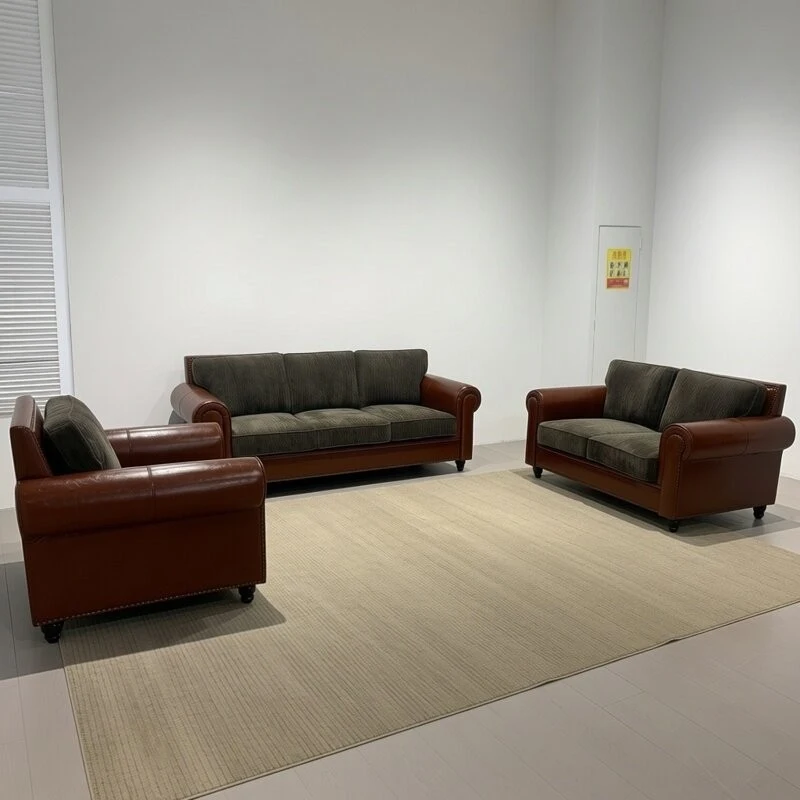 

Диван в американском стиле, прямой формы, для гостиной, дизайнерский, из винтажной кожи с эффектом масляного воска, с обивкой из ткани.