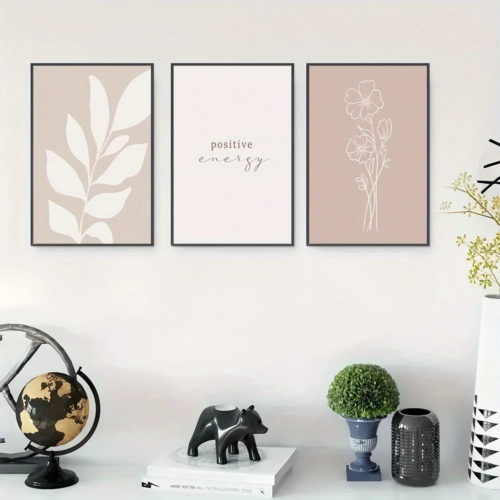 （Noframe 3PCS）-3pcs Minimalist Botanical Canvas Art Prints, Unframed Positive Energy Floral Posters, Modern Rustic Art Deco S
