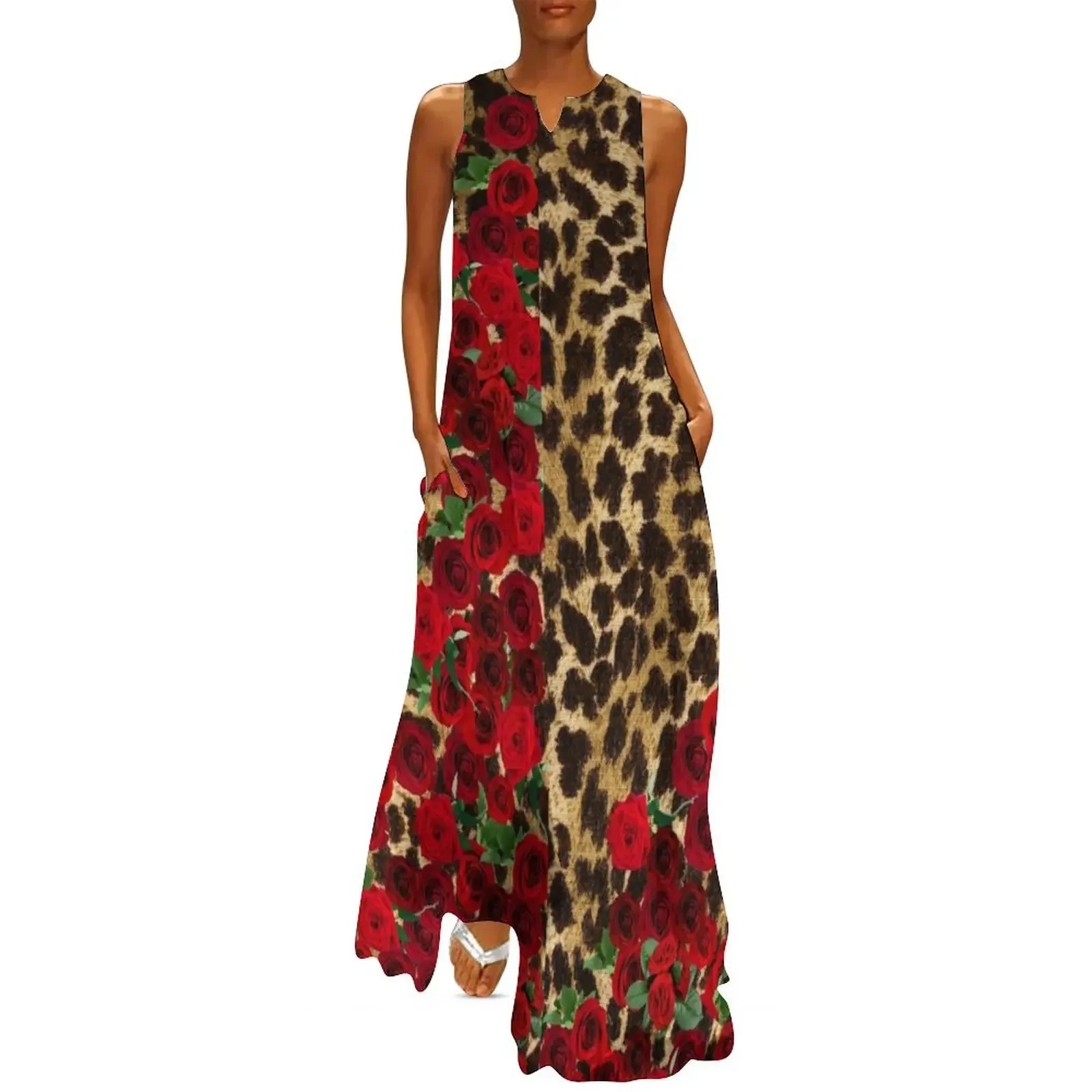 

Leopard print and roses Long Dress summer women's suit Long dresses elegant and pretty women's dresses Dress for girls Dress
