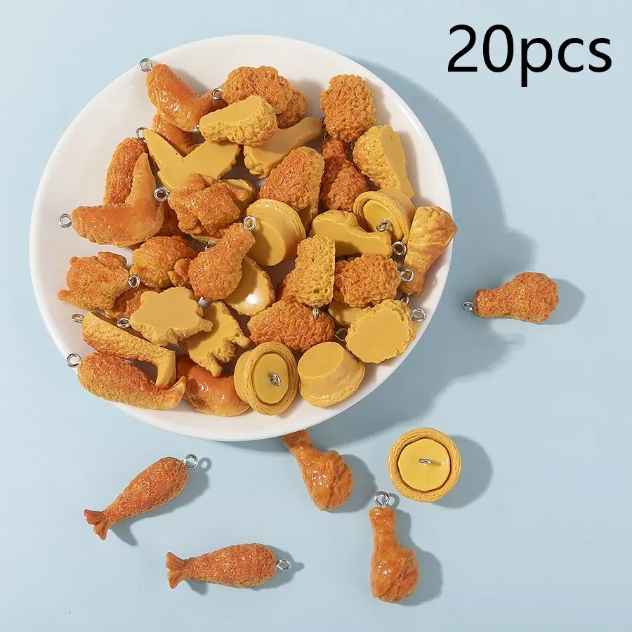 20pcs Mixed Mini Fried Chicken Egg Tarts Chicken Legs Resin Charms Cute Food Pendant For DIY Jewelry Accessories