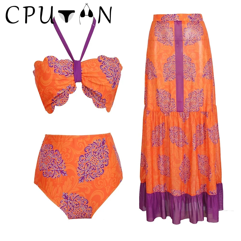 

CPUTAN 2023 New 3 Piece Bikinis Set Women Swimwear Sexy Halter Bikini Swimsuit High Waist Summer Beach Skirt Bathing Suit Dress