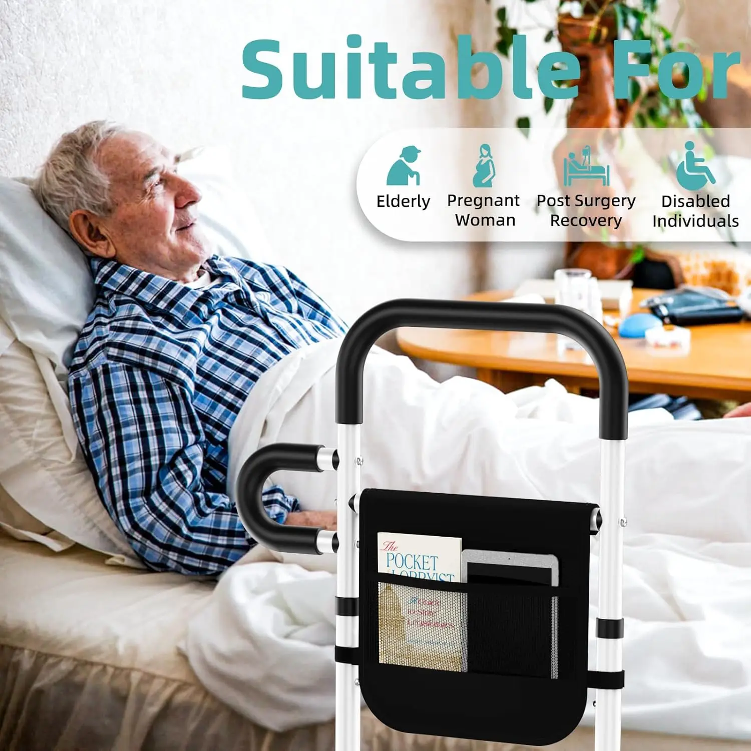 Adjustable Bed Safety Rails for Seniors - Portable Support with Storage Pocket, Holds 330 Lbs, Easy Setup