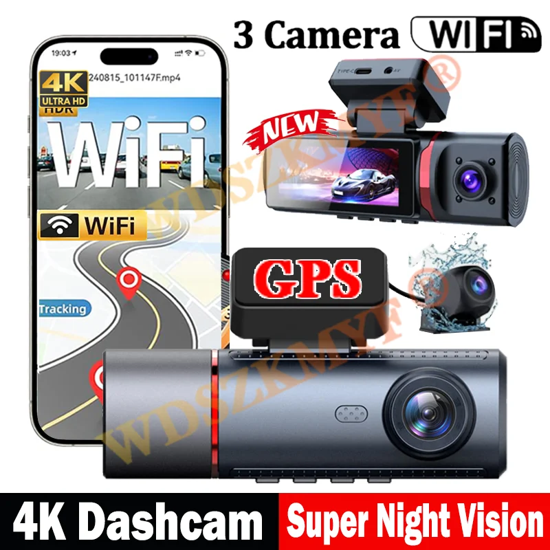 

4K Car Dash Cam 3 Channels Video Recorder WIFI GPS Car DVR Parking Monitor Front With Rear View Night Vision Black Box for Car