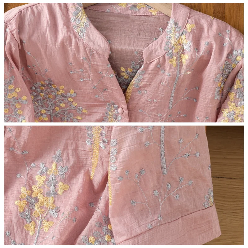 Camisa informal de verano para mujer, blusas informales holgadas Vintage con bordado de flores, camisetas básicas de estilo chino, camisa blanca