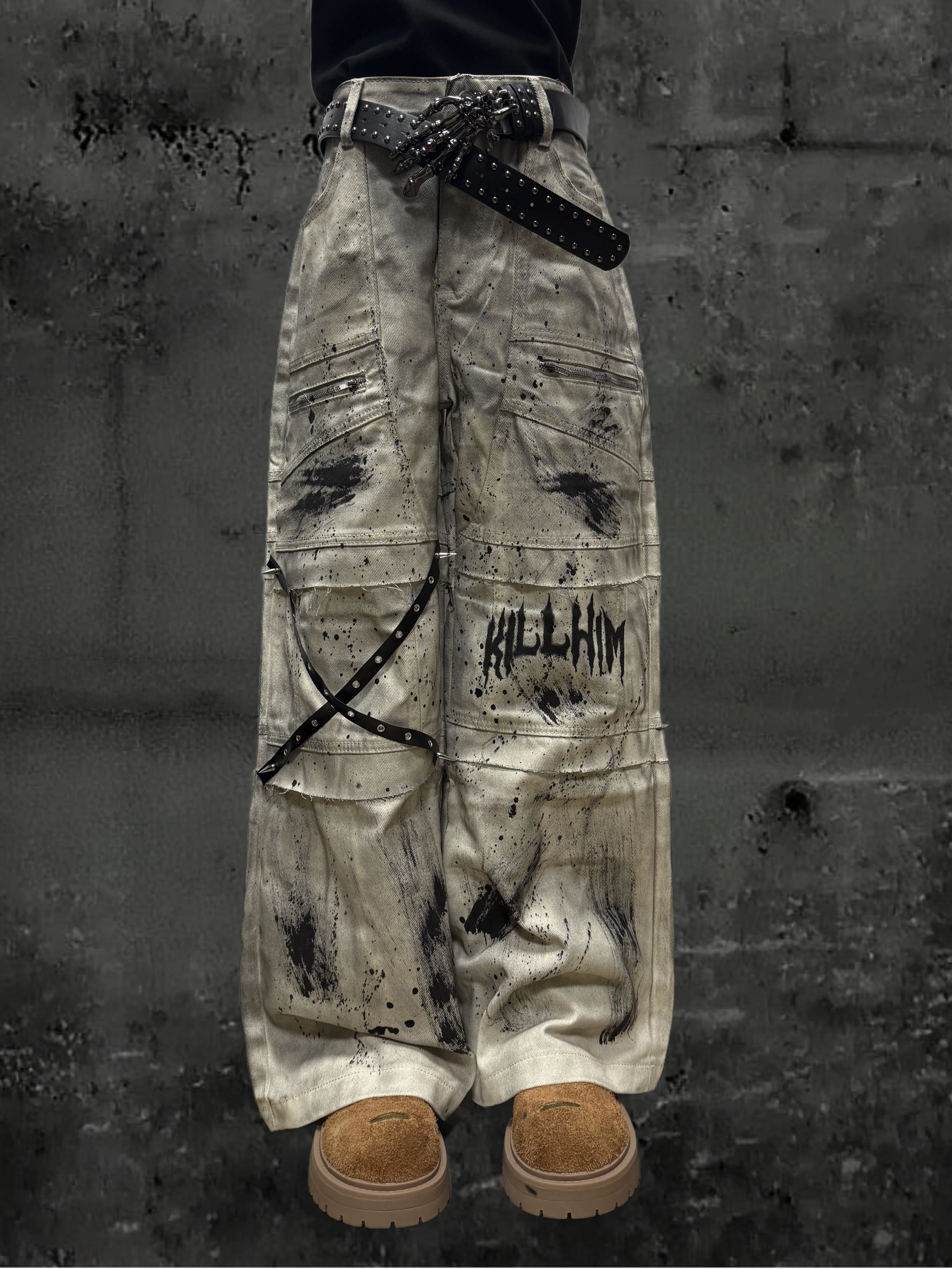 Waste Soil Style Tie-Dyed Loose Jeans Men's and Women's Neutral American Retro Distressed Frayed Pocket Overalls Autumn