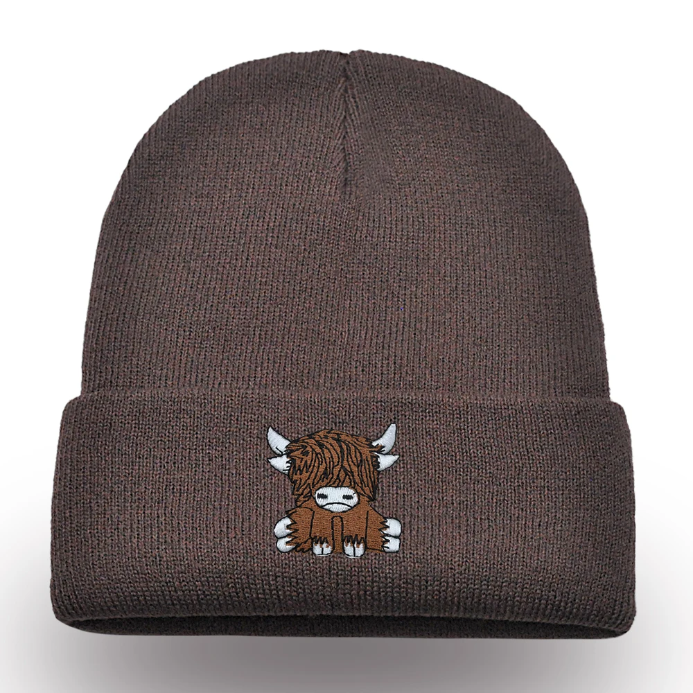 Scottish Highland Cow Beanie Embroidered Cute Scotch Cow Knitted Hat Autumn Winter Warm Hip Hop Hat Unisex Ski Hat