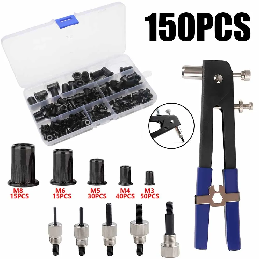 150PCS carbon steel black nut core kit M3/M4/M5/M6/M8 or nut rivet core repair tool rivet gun flat head screw lock nut rivet gun